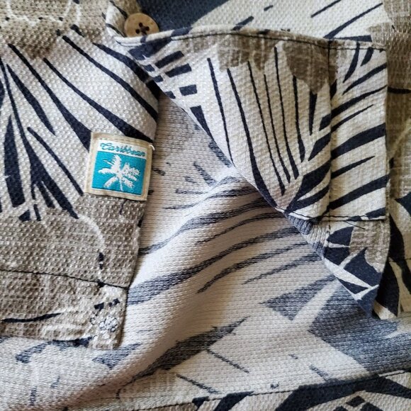 Caribbean Pure Silk Hawaiian Coastal Navy and Tan Wood Button Up Shirt XL - Picture 9 of 15